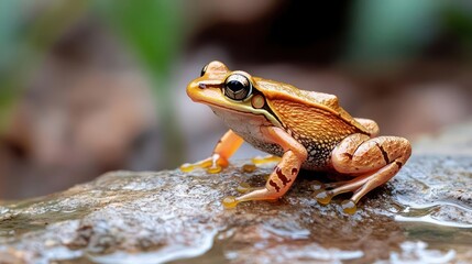 Poster - A brown frog rests on a gray stone with a blurred background of green leaves and brown soil. The frog has orange legs and intricate patterns on its skin, positioned in a natural outdoor setting