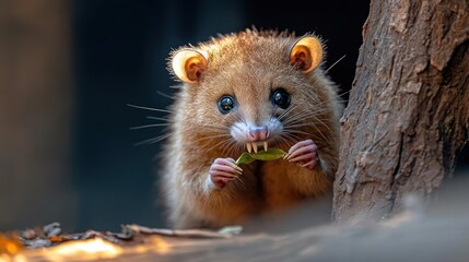Aufkleber - A small, fluffy rodent with brown fur, small eyes, and a pointed snout sits near a tree, holding and eating a green leaf. The creature has visible teeth, and the photo is bathed in warm, natural