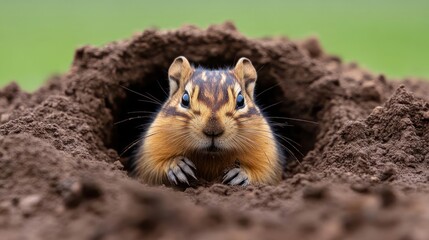 Poster - Close-up shot of a Golden-mantled Ground Squirrel peeking out from its burrow with a blurred green background. The squirrel's fur is a mix of brown and golden hues, and its small paws are visible at