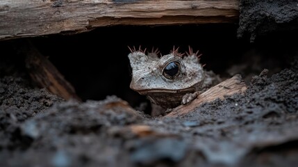 Aufkleber - A close-up shot of a thorny frog peeking out from under a log. The frog is small, and its skin is rough and bumpy, with tiny thorns protruding from its head. The frog's eyes are dark and glossy, and
