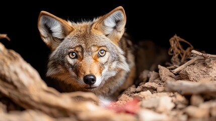 Aufkleber - Close-up of a coyote, its fur a blend of brown and tan, eyes piercing, the animal emerges from a dark burrow, surrounded by earthen tones and natural textures. The coyote's alert expression and