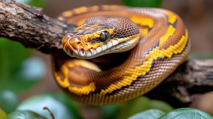 Poster - A close-up shot captures a brown and yellow snake coiled on a branch, set against a backdrop of verdant green leaves. The snake's intricate patterns and textured scales are prominent, highlighting