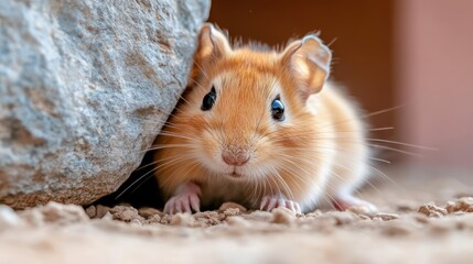 Poster - Close-up shot of a brown mouse near a rock with its paws visible. The background is blurred, bringing focus on the mouse's face and detailed whiskers