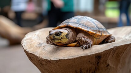 Aufkleber - Close-up shot of a small brown turtle perched on a light tan tree stump. The turtle has yellow facial markings. The background is blurred, indicating a shallow depth of field. Natural lighting