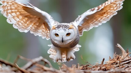 Aufkleber - Close-up of a snowy owl in mid-flight, its wings spread wide showing their distinct brown and white patterns. The owl's piercing yellow eyes stare directly forward, with a background of green foliage