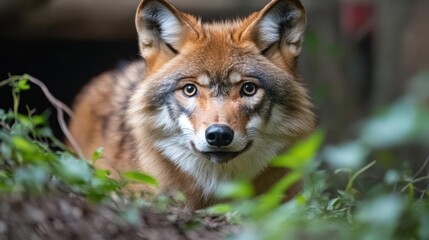 Aufkleber - A close up of a red wolf facing forward in an outdoor environment. The wolf is surrounded by green foliage. The wolf's fur is a mix of red and brown, and its eyes are focused directly on the viewer