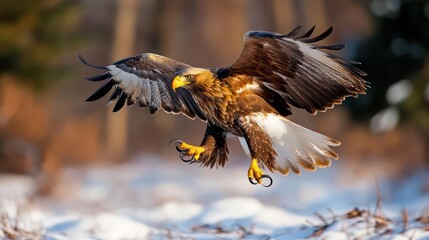 Aufkleber - A magnificent golden eagle soars, wings spread, talons extended, against a blurred backdrop of snow-dusted trees. The bird's plumage is a striking mix of gold and dark brown, catching sunlight in