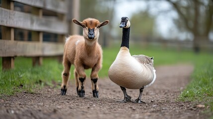Poster - A close-up shot features a young lamb standing alongside a goose on a dirt path, both animals facing forward. The background is blurred with green grass and a wooden fence