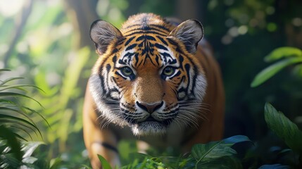 Aufkleber - Close-up of a majestic tiger prowling through a lush green jungle, bathed in soft, diffused sunlight. The tiger's intense gaze and striking stripes are the focal point, surrounded by vibrant foliage