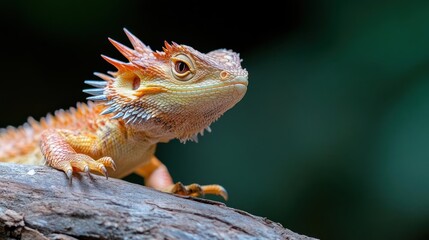Poster - Close-up of a vibrant orange Acanthosaura capra lizard perched on a weathered branch, set against a blurred deep green background. The lizard is detailed, showcasing its spiky scales and intricate