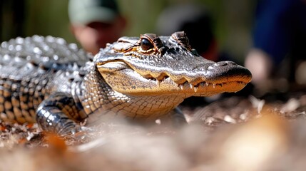 Poster - Close-up of a young American alligator with textured skin and a focused gaze, set against a blurred background of people and natural elements, highlighting its scales and colors