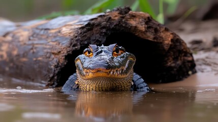 Aufkleber - A close-up of a Dwarf Caiman submerged in muddy water, peering out from beneath a dark, decaying log. Its eyes are striking with vibrant orange irises, contrasting its black skin and the wet