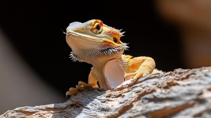 Aufkleber - Close up of a bearded dragon perched on a rock. The lizard has an orange and tan coloration, a textured skin, and its mouth open. The background is dark and blurred, emphasizing the lizard in bright