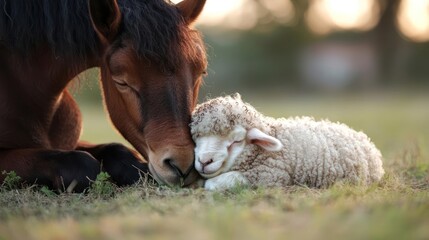 Poster - Close-up capturing a heartwarming scene of a light brown horse and a white lamb resting peacefully together on lush green grass. The horse gently lowers its head to nuzzle the lamb, creating a