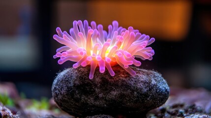 Poster - A vibrant sea anemone sits atop a speckled rock in an underwater setting. The anemone features pink and purple tentacles illuminated by a soft, warm glow from within. The background is blurred