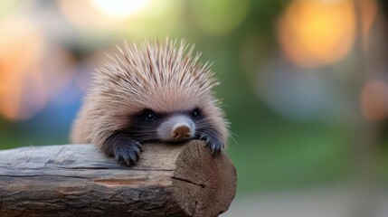 Poster - A close-up captures a spiky brown hedgehog perched on a weathered log, its tiny paws gripping the wood. The background is a soft, blurred mix of green foliage and bokeh lights, creating a gentle
