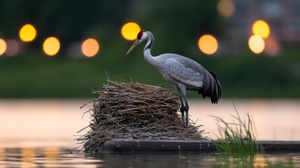 Aufkleber - A majestic sandhill crane stands atop a nest of twigs and branches, set against a blurred bokeh background of golden lights reflecting on the water, creating a peaceful and serene natural scene