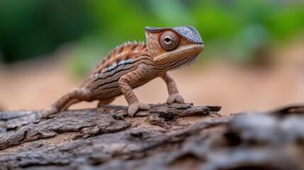 Poster - A close-up shot captures a small, vibrant chameleon perched on a rough, textured tree branch, showcasing its unique skin pattern in vivid detail. The background is softly blurred, emphasizing the
