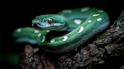 Poster - Close-up shot of a green tree python coiled on a tree branch, showcasing its vibrant green scales and white spots against a dark background. The image captures the snake's intense gaze and the