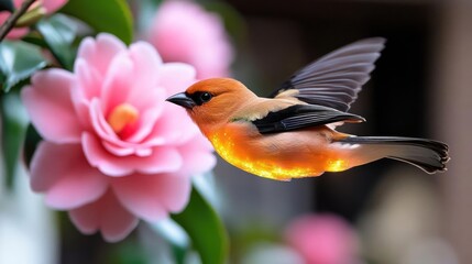 Poster - A vibrant orange bird with black and white wings hovers beside a blooming pink camellia flower. The bird's plumage contrasts beautifully with the soft petals in a blurred background, emphasizing its