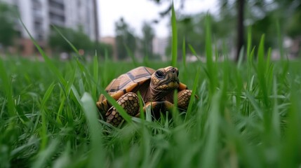 Poster - Low-angle shot of a tortoise resting in lush green grass, with blurred buildings visible in the background. The tortoise's brown and yellow shell stands out against the vibrant grass, lit by soft