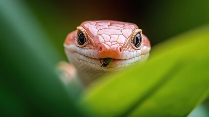 Poster - Close up shot of a orange skink peeking out from green leaves. The scales on its head are visible and its small, dark eyes are focused directly at the camera, creating a captivating wildlife