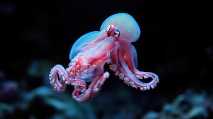 Poster - Close-up of a vibrant red-purple pygmy octopus with white-tipped tentacles, set against a dark blue, textured background. The octopus is positioned centrally, its small size highlighting intricate