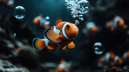 Poster - A vibrant clownfish swims amidst bubbles in a dark aquarium. The fish features bright orange coloration with white stripes, creating a striking contrast against the deep blue water. Several other