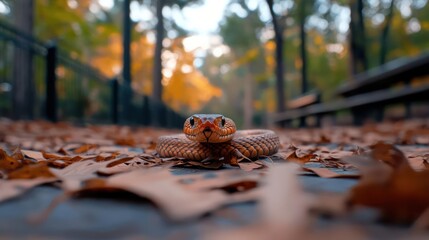 Aufkleber - Close-up of a brown snake on a path covered with fallen leaves, set against a backdrop of trees with autumn foliage. The snake is coiled, facing the camera with a blurred background, emphasizing