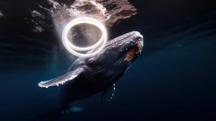 Poster - A humpback whale swims towards a suspended bubble ring, its mottled gray and white body illuminated in the deep blue water. The whale's open mouth reveals orange baleen plates as it glides in an
