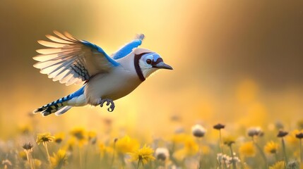 Poster - A vibrant, low angle shot capturing a Blue Jay in mid-flight over a field of yellow wildflowers under a soft, warm light. The bird's wings are spread, with a blurred background of greenery