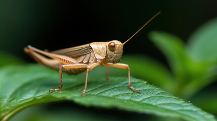 Poster - A close-up shot captures a brown grasshopper perched on a vibrant green leaf, set against a blurred dark green background. The insect's texture and the leaf's water droplets are finely detailed