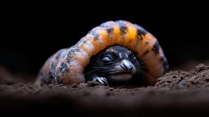 Poster - A macro shot showcases a black and white Dormouse nestled in earth under an orange and black spotted shell. The intimate composition focuses on the Dormouse, set against a dark background that