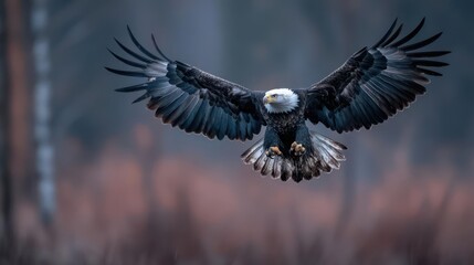 Aufkleber - Majestic bald eagle soars through the air with its wings fully extended against a blurred backdrop of brown, green and gray hues, capturing a moment of freedom and wild beauty in nature