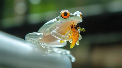Poster - A translucent frog with orange eyes sits on a gray surface, holding a yellow and orange insect in its mouth, with a blurred green and white background, creating a sharp contrast and highlighting the