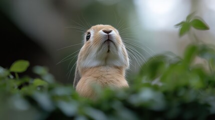 Aufkleber - Close-up shot of a small brown rabbit looking upwards, surrounded by lush green foliage, creating a natural and serene scene. The rabbit is the focal point, its fur appearing soft and detailed, with