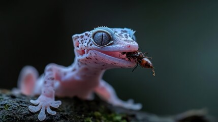 Poster - A close-up captures a gecko feasting on a bug, its pinkish-white skin speckled with spots. The gecko grips the branch firmly, with a dark green, out-of-focus background