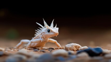 Poster - Close up studio shot of a small thorny lizard on sand and rocks, with soft directional light. The background is dark and out of focus, highlighting the texture and detail of the reptile