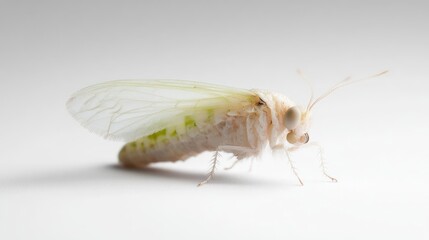 Poster - Close-up of a light-colored planthopper insect with translucent wings and delicate body on a white surface. The soft lighting highlights the insect's intricate details and adds depth to the image