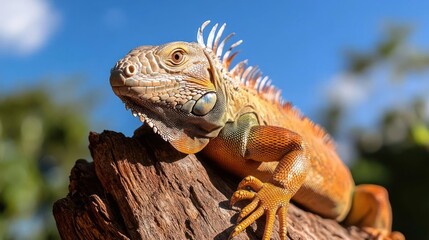 Poster - Captured in vibrant detail, a striking orange iguana rests on a weathered log, set against a backdrop of a clear blue sky and blurred greenery. The iguana's scales and spiky crest are sharp focus