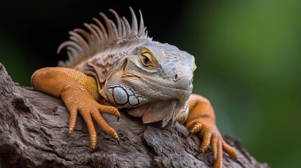 Poster - Close-up shot of a vibrant orange iguana perched on a weathered branch, set against a lush green backdrop, its spiky crest and textured skin are highlighted in natural light, emphasizing the