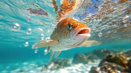Poster - Close-up shot of an orange and beige fish swimming underwater with mouth open, captured in a clear, turquoise ocean with bubbles and sunlit sandy bottom. A serene marine scene emphasizing aquatic