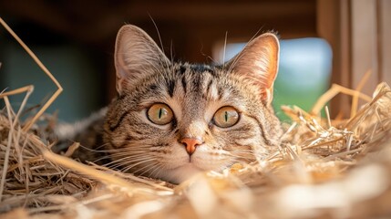 Aufkleber - A brown tabby cat lies among straw with a shallow depth of field. The cat is under soft light and the focus is on the face and eyes. The background is out of focus, showing the frame and sky