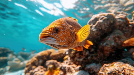 Poster - An eye-level, close-up shot showcases a vibrant orange grouper swimming near coral formations in clear blue waters. The fish exhibits intricate scale patterns and yellow fins, blending seamlessly