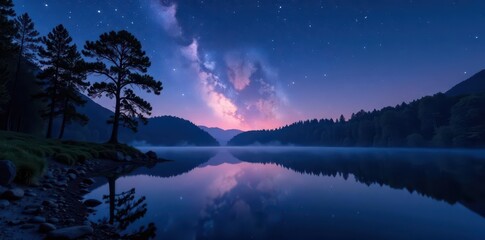 Wall Mural - Starry night over tranquil lake, trees mirrored in water, universe, lake