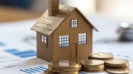 Poster - small house model sits on financial documents with stacked coins nearby