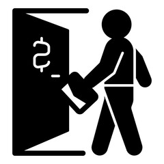 Fototapete - Man with briefcase at entrance door solid icon, bank account concept. Vector graphics. Client with portfolio, business sign on white background, glyph style mobile or design.