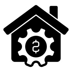 Poster - House with coin cogwheel coin solid icon, housing market concept. Vector graphics. Cottage building and cog, housekeeping sign on white background, glyph style mobile or design.