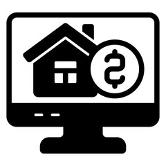 Poster - monitor screen with coin and house solid icon, housing market concept. vector graphics. display with