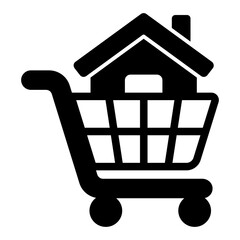 Poster - Shopping cart with house solid icon, housing market concept. Vector graphics. Buy purchase cottage building, basket sign on white background, glyph style mobile or design.